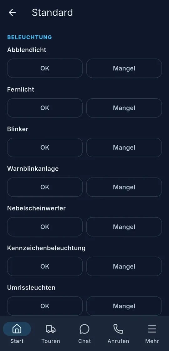 Abfahrtskontrolle: Punkt für Punkt OK oder Mangel