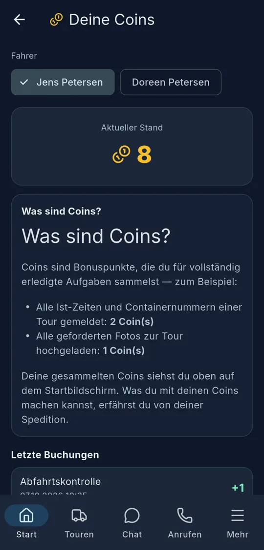 Coin-Konto mit Erklärung, wofür es Coins gibt