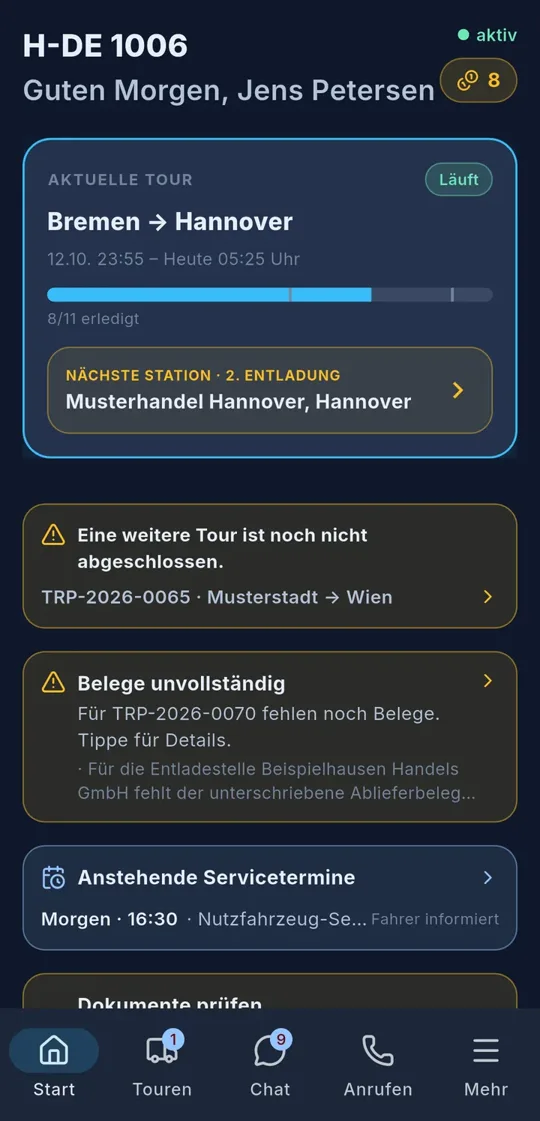 Startseite mit aktueller Tour, nächster Station und offenen Hinweisen