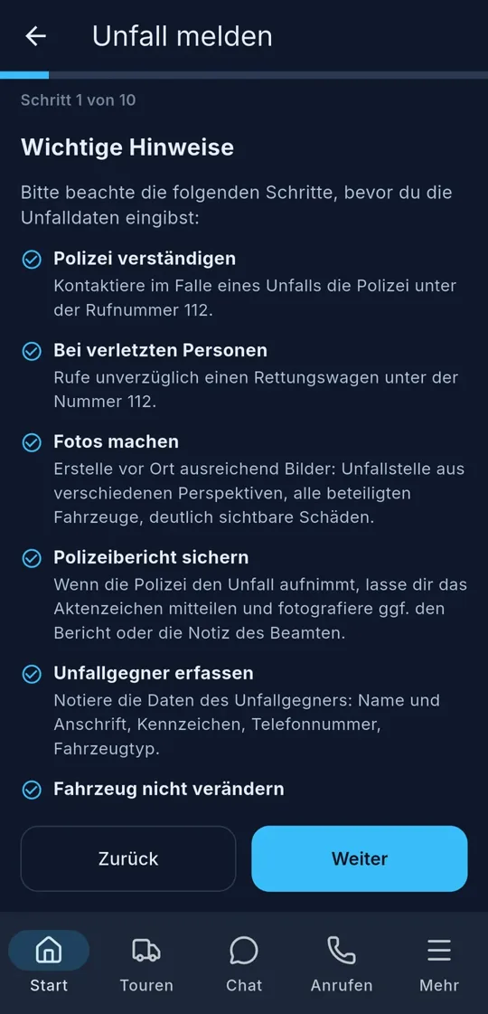 Unfall melden, Schritt für Schritt geführt