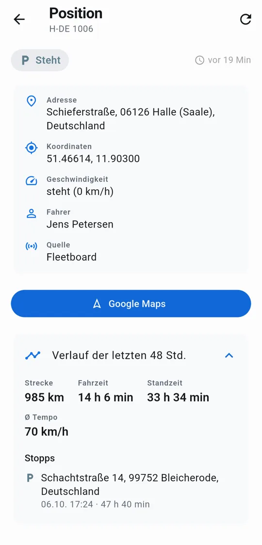 Position des Fahrzeugs mit Verlauf der letzten 48 Stunden