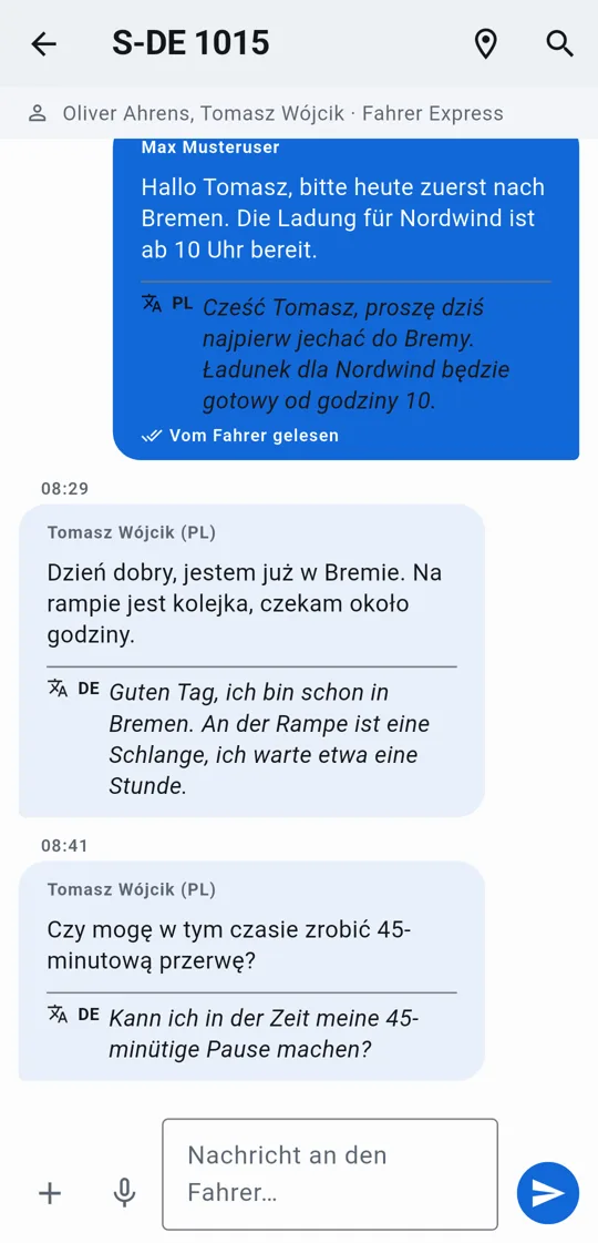 Fahrer-Chat, automatisch übersetzt