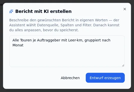 Dialog „Bericht mit KI erstellen“ mit Beschreibung in eigenen Worten