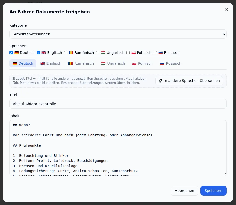 Dialog „An Fahrer-Dokumente freigeben“ mit Kategorie und Sprachen