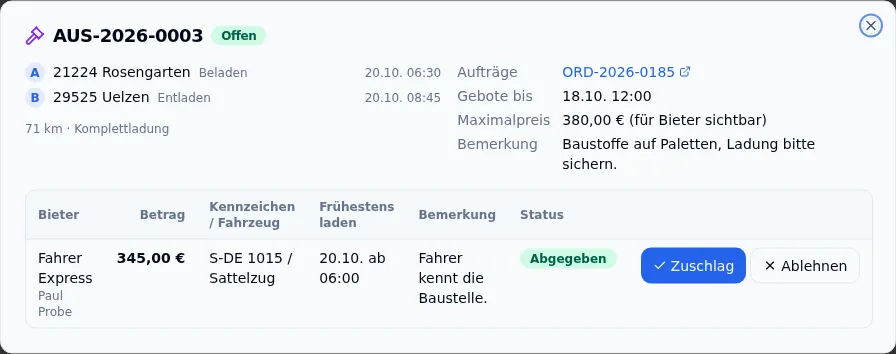 Gebotsübersicht einer Ausschreibung mit Zuschlag-Knopf