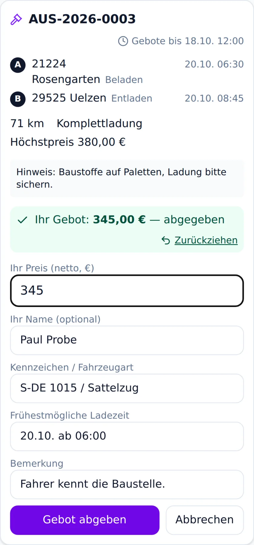 Gebotsseite auf dem Handy: Angebot mit zwei Stationen (nur PLZ und Ort), Frist, Kilometer, Höchstpreis, Hinweis und das Gebotsformular mit Preis, Name, Kennzeichen, Ladezeit und Bemerkung