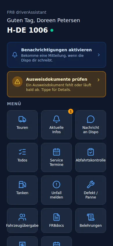 Startseite der Fahrer-App mit dem Hinweis „Ausweisdokumente prüfen“