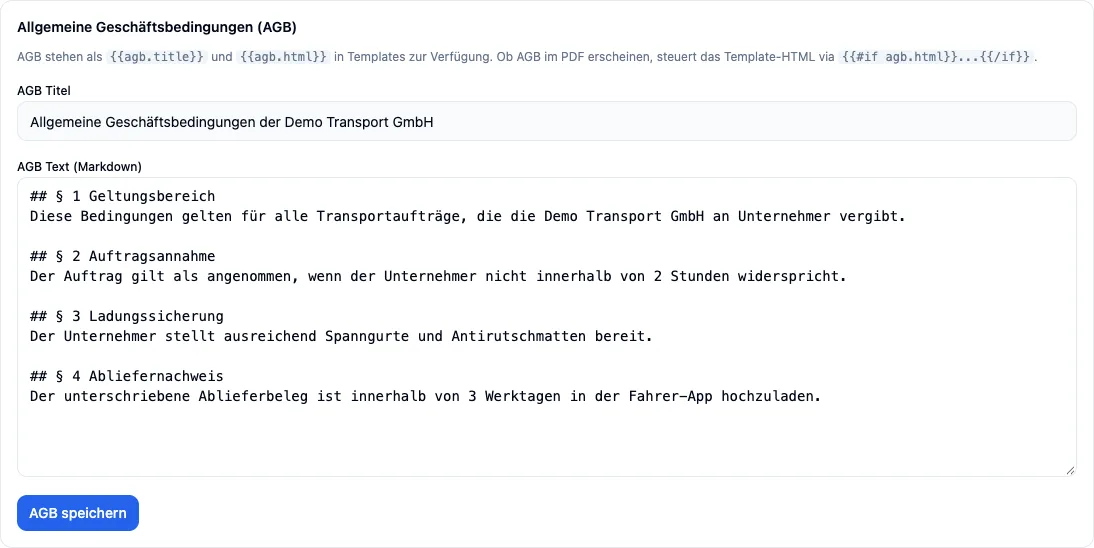 AGB-Bereich in den Dokumenteinstellungen mit Titel und Text in Markdown