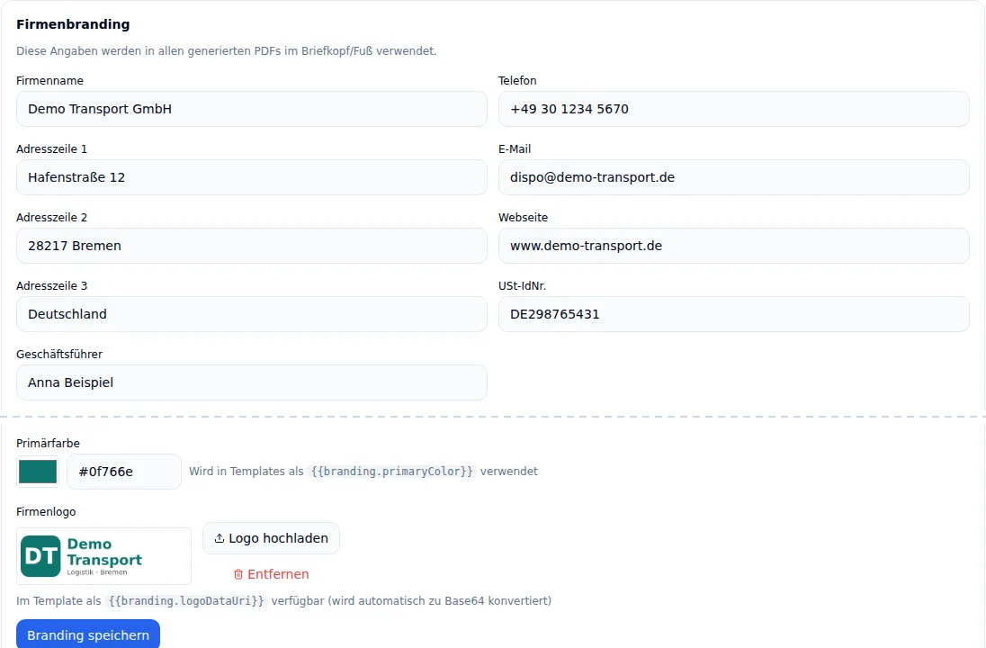 Firmenbranding in den Dokumenteinstellungen: Firmenname, Adresse, Telefon, E-Mail, Webseite, USt-IdNr., Geschäftsführer, Primärfarbe und Logo