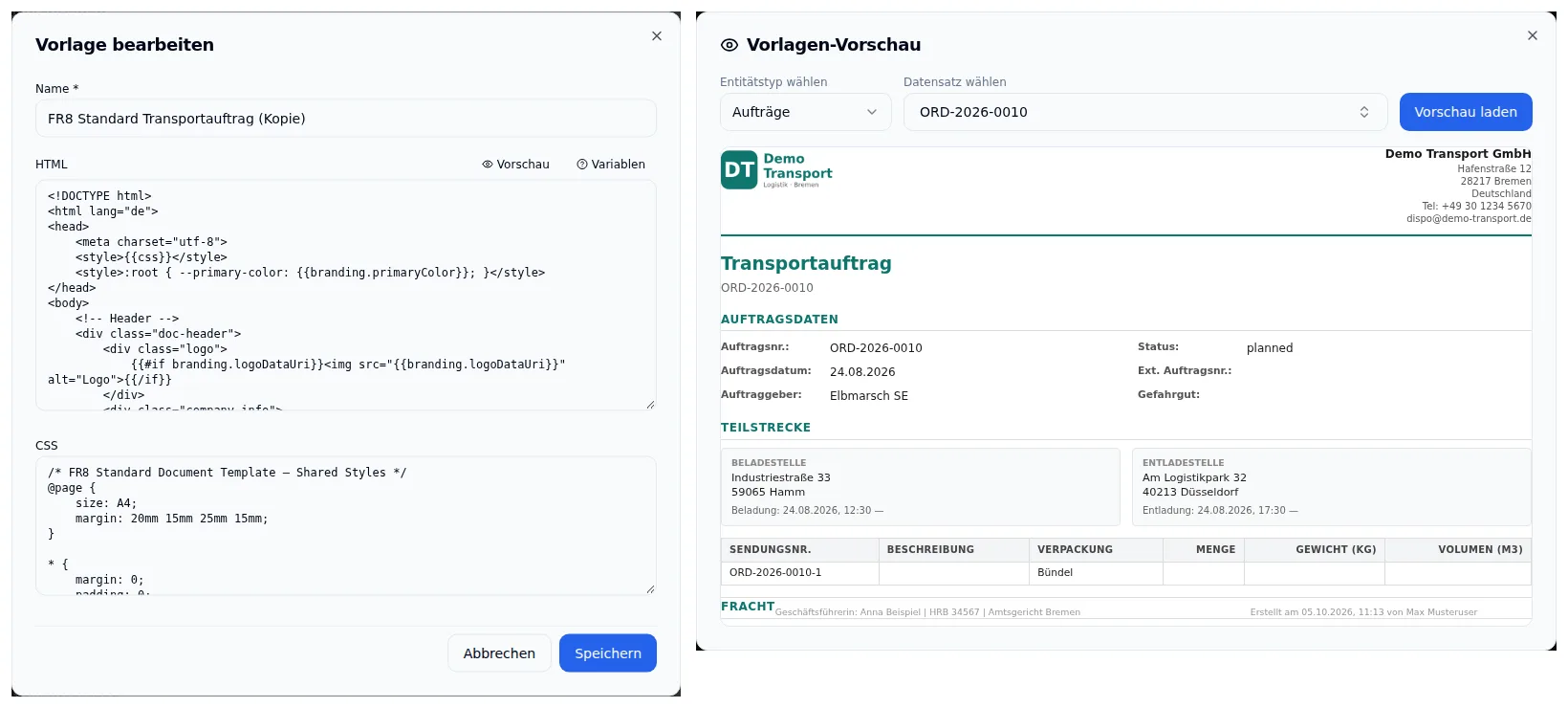 Vorlage bearbeiten mit HTML und CSS, daneben die Vorschau eines Transportauftrags