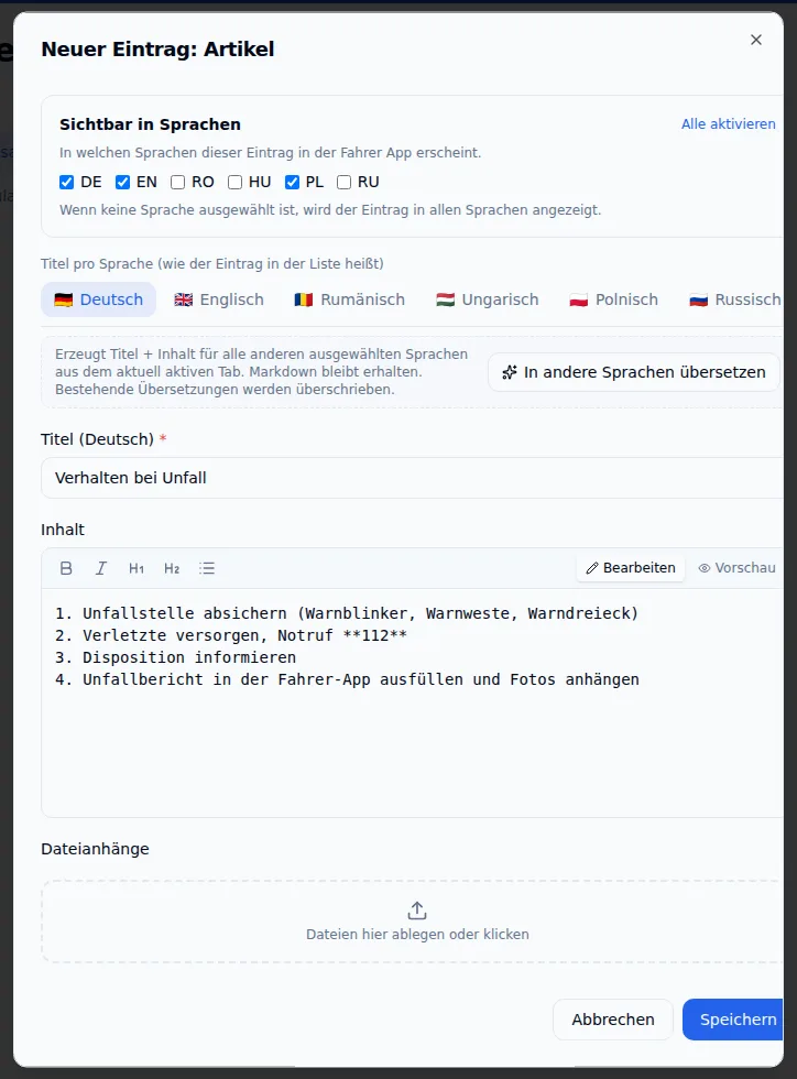 Neuer Artikel in den Fahrer-Dokumenten: „Verhalten bei Unfall“, Auswahl der Sprachen, in denen er erscheint, und der Knopf „In andere Sprachen übersetzen“