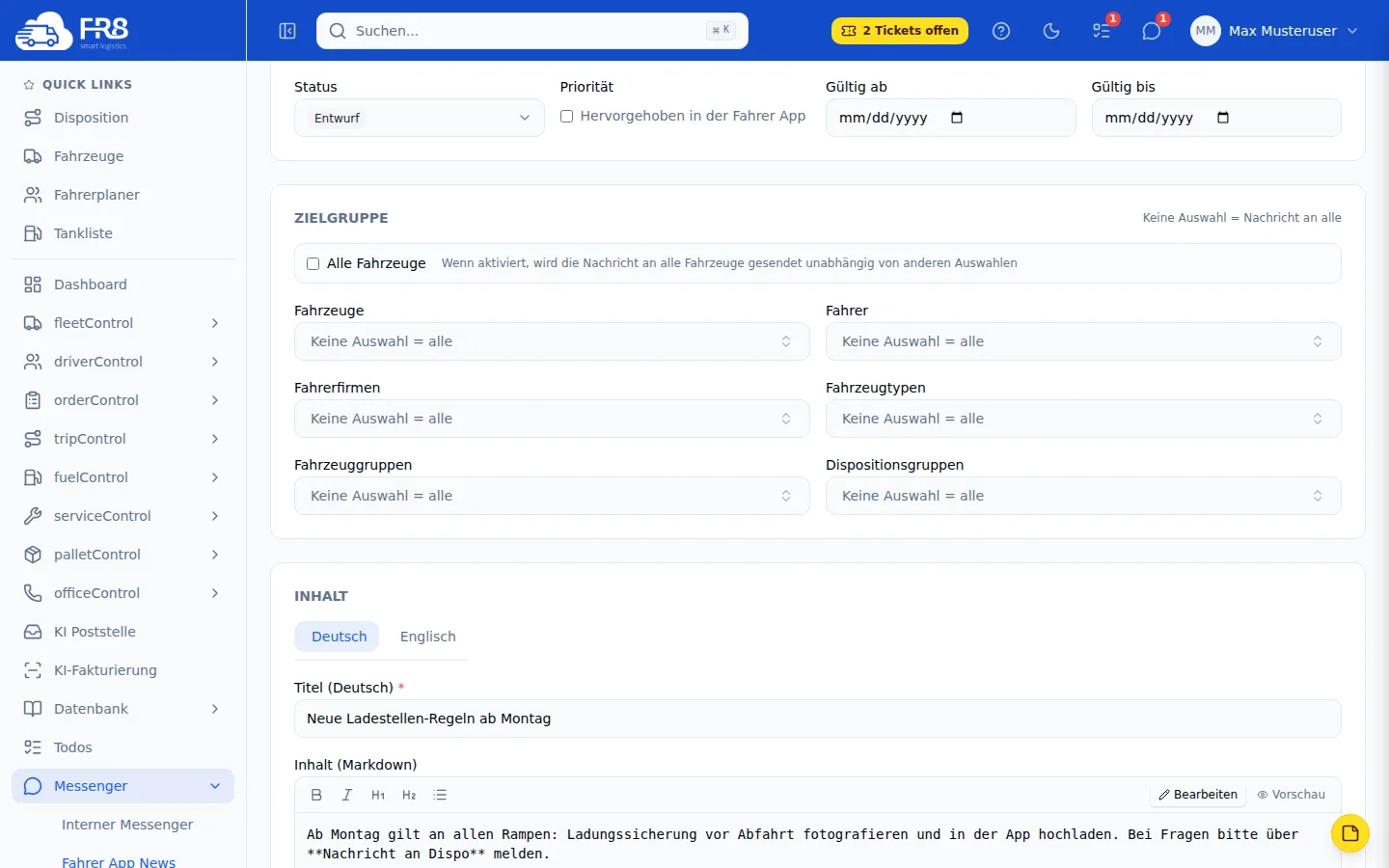 Formular einer Fahrer-App-News mit Status, Priorität, Gültigkeit und der Zielgruppen-Auswahl nach Fahrzeugen, Fahrern, Fahrerfirmen, Fahrzeugtypen, Fahrzeuggruppen und Dispositionsgruppen