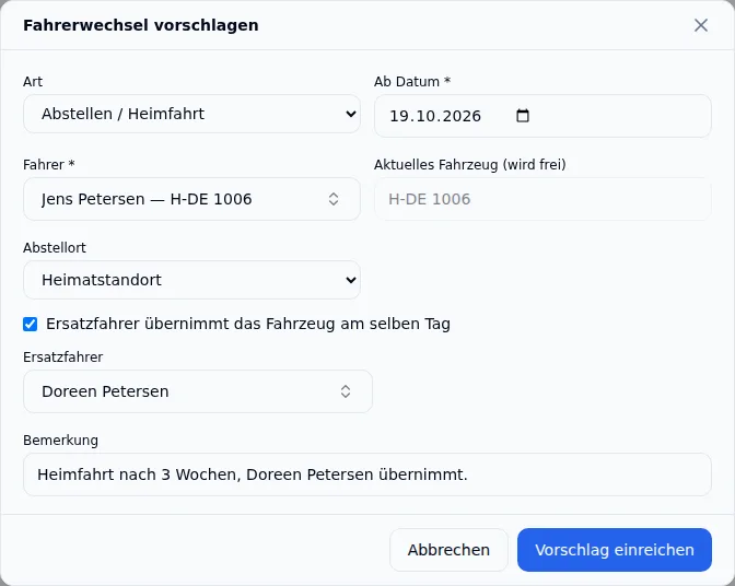 Formular „Fahrerwechsel vorschlagen“ im Unternehmerportal: Heimfahrt eines Fahrers mit Ersatzfahrerin am selben Tag und Bemerkung