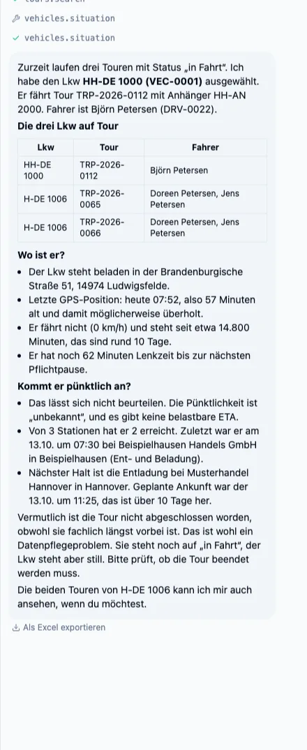 FR8 Assistant beantwortet die Frage, welcher Lkw auf Tour ist und ob er pünktlich ankommt