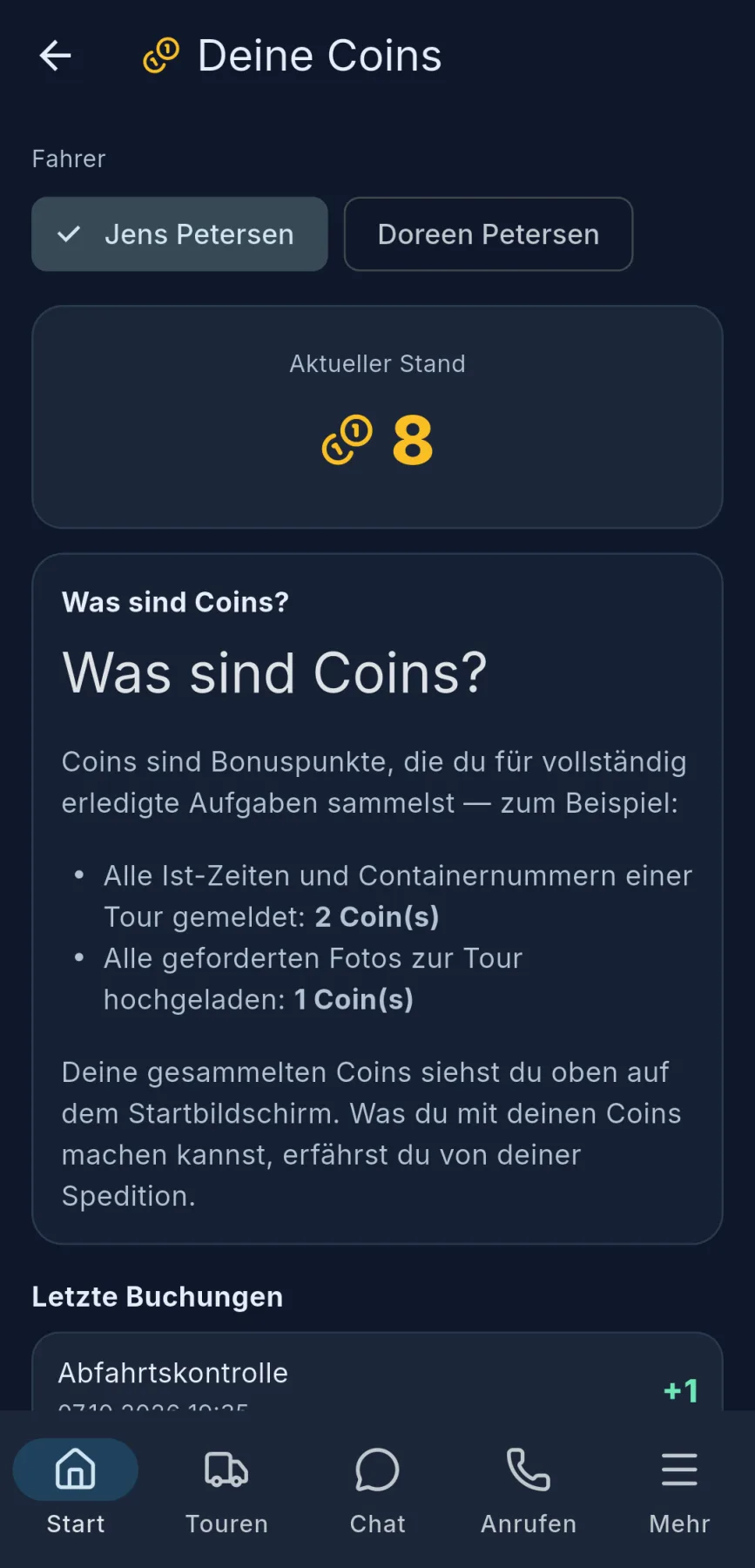 Fahrer-App, „Deine Coins“: Auswahl des Fahrers bei Doppelbesatzung, aktueller Stand, der Erklärtext „Was sind Coins?“ und die letzten Buchungen