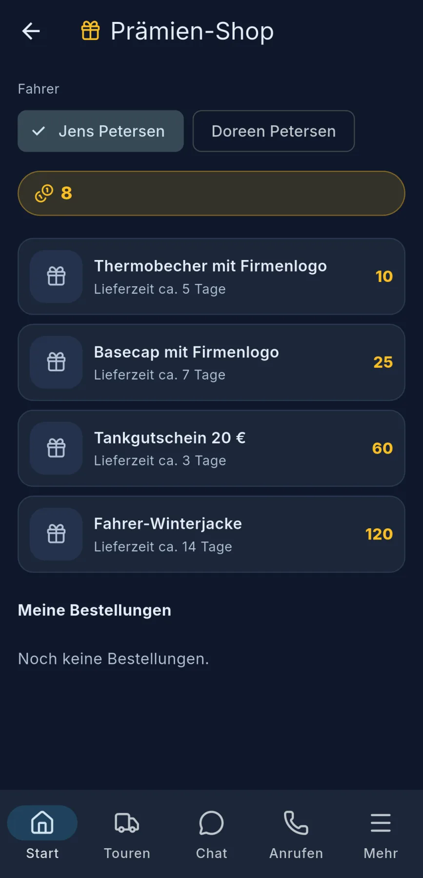 Prämien-Shop in der Fahrer-App: Thermobecher, Basecap, Tankgutschein 20 € und Winterjacke mit Coin-Preisen und Lieferzeit