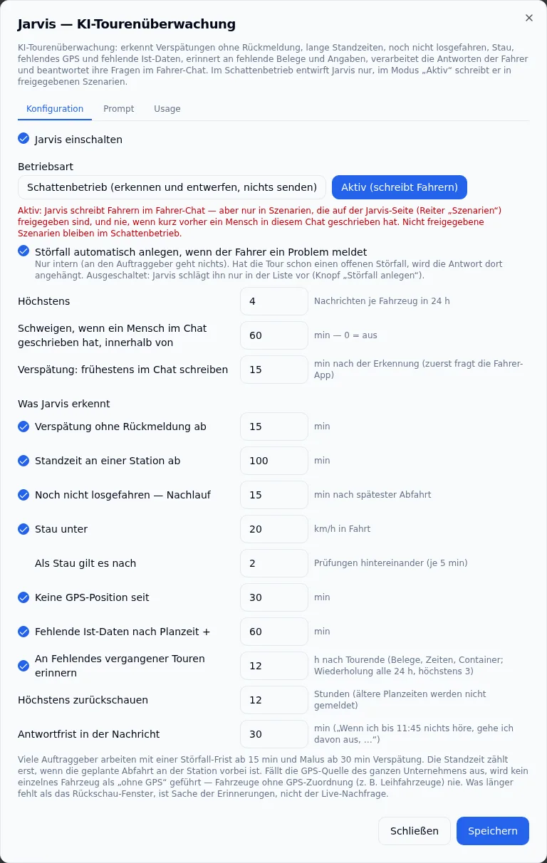 Einstellungen der KI-Tourenüberwachung mit Schalter, Betriebsart Schattenbetrieb oder Aktiv, Schutzregeln und Schwellen je Anlass