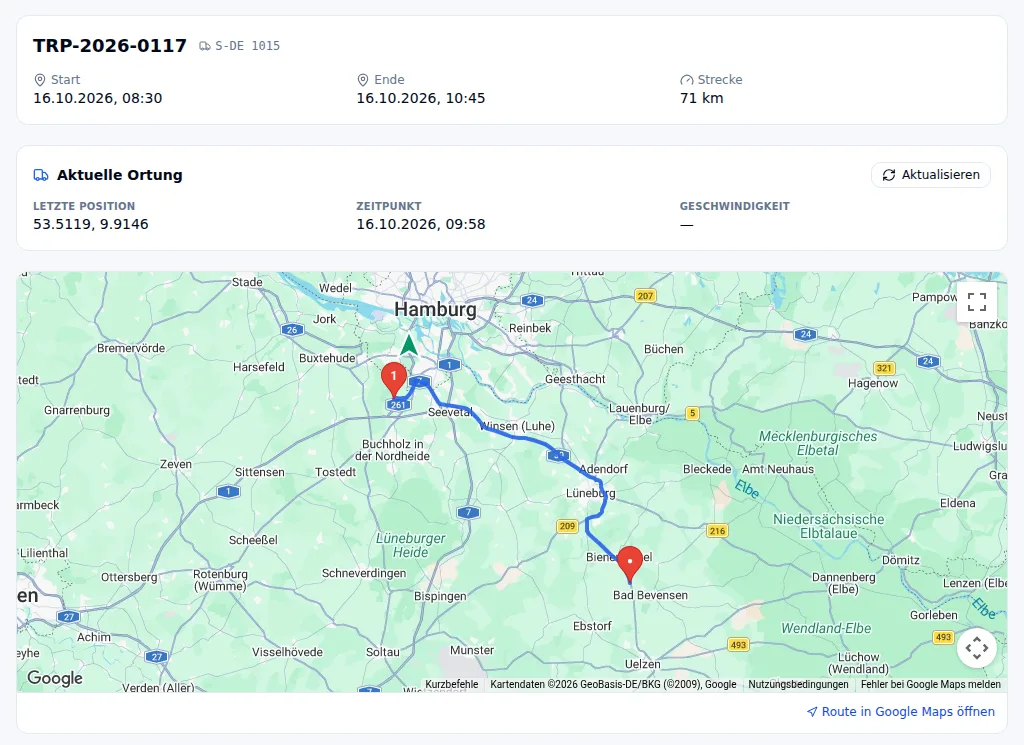 Tourdetail in FR8 Connect mit Start, Ende und Strecke, dem Kasten „Aktuelle Ortung“ und einer Karte mit Route, Stationen und Fahrzeug