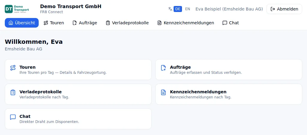 Startseite von FR8 Connect mit Begrüßung und den Kacheln Touren, Aufträge, Verladeprotokolle, Kennzeichenmeldungen und Chat