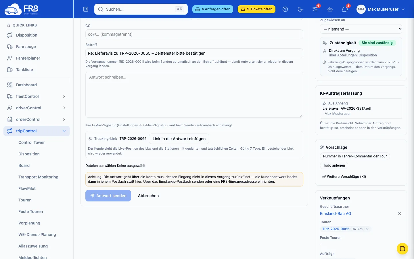 Antwortfenster im ResponseDesk mit dem Block „Tracking-Link“ und dem Knopf „Link in die Antwort einfügen“
