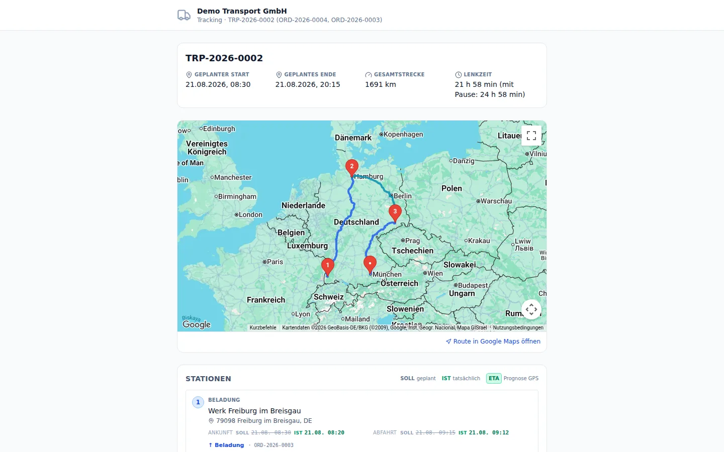 Öffentliche Tracking-Seite mit Karte, Route und Stationen