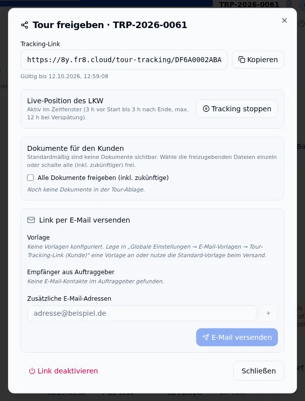 Dialog „Tour freigeben“ mit Tracking-Link, Gültigkeitsdatum, Schalter „Tracking stoppen“, Dokumentenfreigabe und E-Mail-Versand