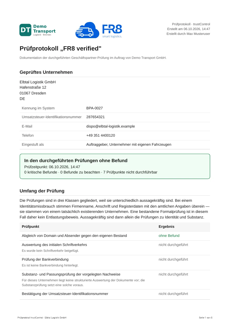 Seite 1 des Prüfprotokolls „FR8 verified“ mit geprüftem Unternehmen, Ergebnis und Prüfpunkten