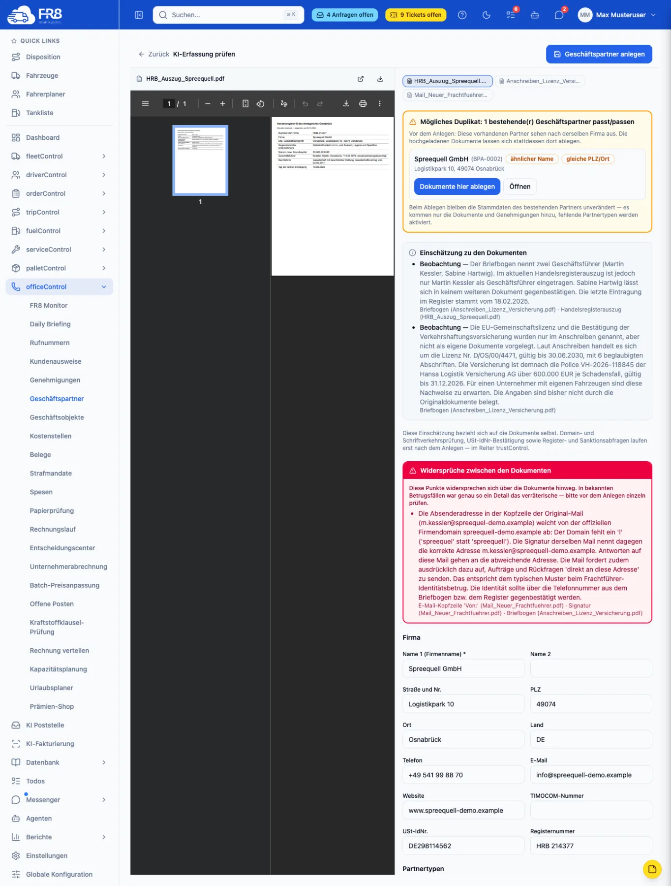 trustControl-Prüfansicht mit rotem Kasten „Widersprüche zwischen den Dokumenten“