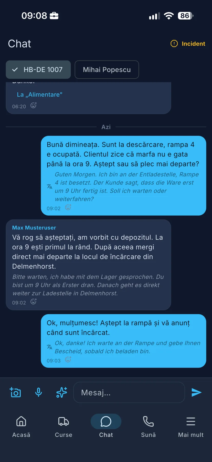 Derselbe Chat in der FR8-Fahrer-App: Nachrichten auf Rumänisch, deutsches Original klein darunter