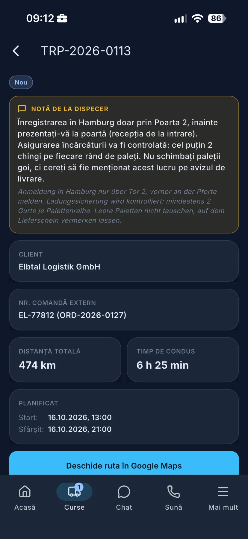 Tourkommentar in der Fahrer-App: oben auf Rumänisch, darunter das deutsche Original
