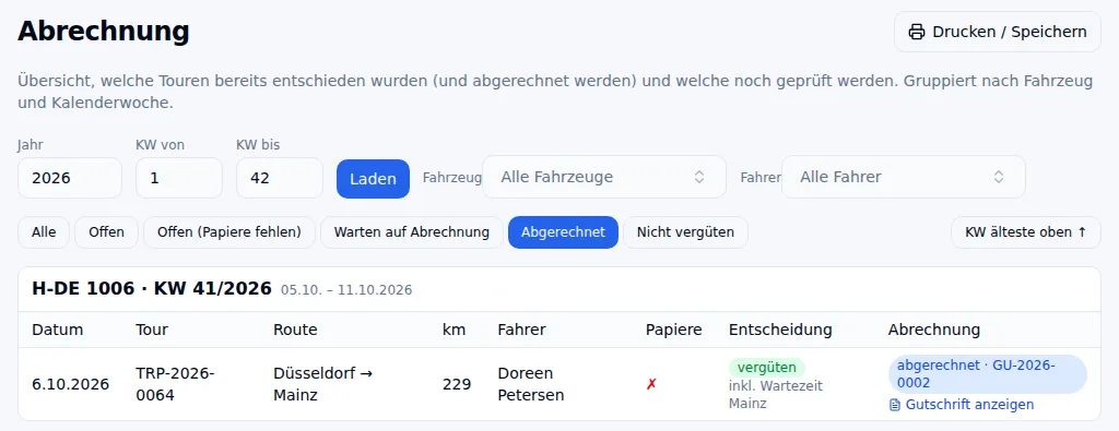 Abrechnung im Unternehmerportal: Fahrzeug und Kalenderwoche, eine Tour mit Entscheidung „vergüten inkl. Wartezeit“ und „abgerechnet · GU-2026-0002“ mit Link „Gutschrift anzeigen“