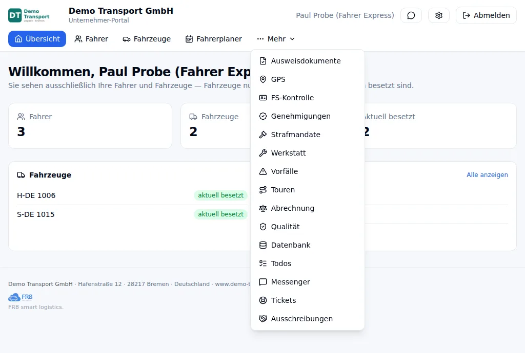 Unternehmerportal mit Übersicht und aufgeklapptem Menü: Ausweisdokumente, GPS, FS-Kontrolle, Genehmigungen, Strafmandate, Werkstatt, Vorfälle, Touren, Abrechnung und weitere Bereiche
