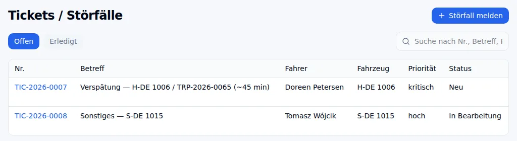 Tickets / Störfälle im Unternehmerportal mit zwei offenen Meldungen, Fahrer, Fahrzeug, Priorität und Status