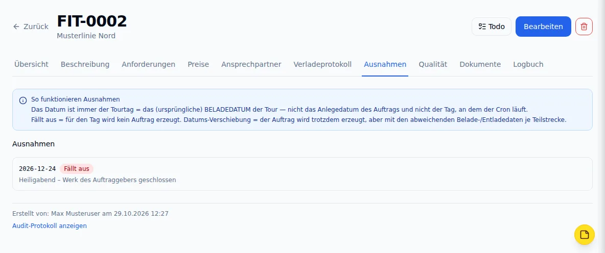 Feste Tour „Musterlinie Nord“, Reiter Ausnahmen: am 24.12. „Fällt aus“ mit dem Grund „Heiligabend, Werk des Auftraggebers geschlossen“