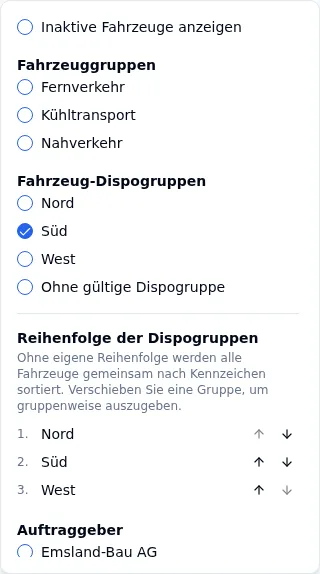 Board-Filter mit Fahrzeug-Dispogruppen (Süd angehakt), „Ohne gültige Dispogruppe“ und der Reihenfolge der Dispogruppen
