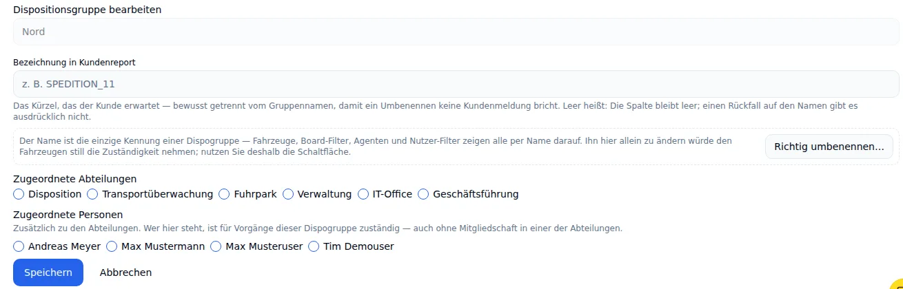 Dispositionsgruppe bearbeiten mit zugeordneten Abteilungen und Personen und der Schaltfläche „Richtig umbenennen…“
