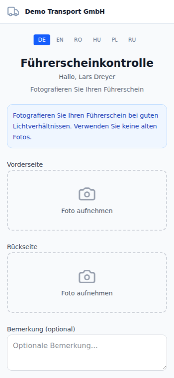 Öffentliche Upload-Seite der Führerscheinkontrolle auf dem Handy