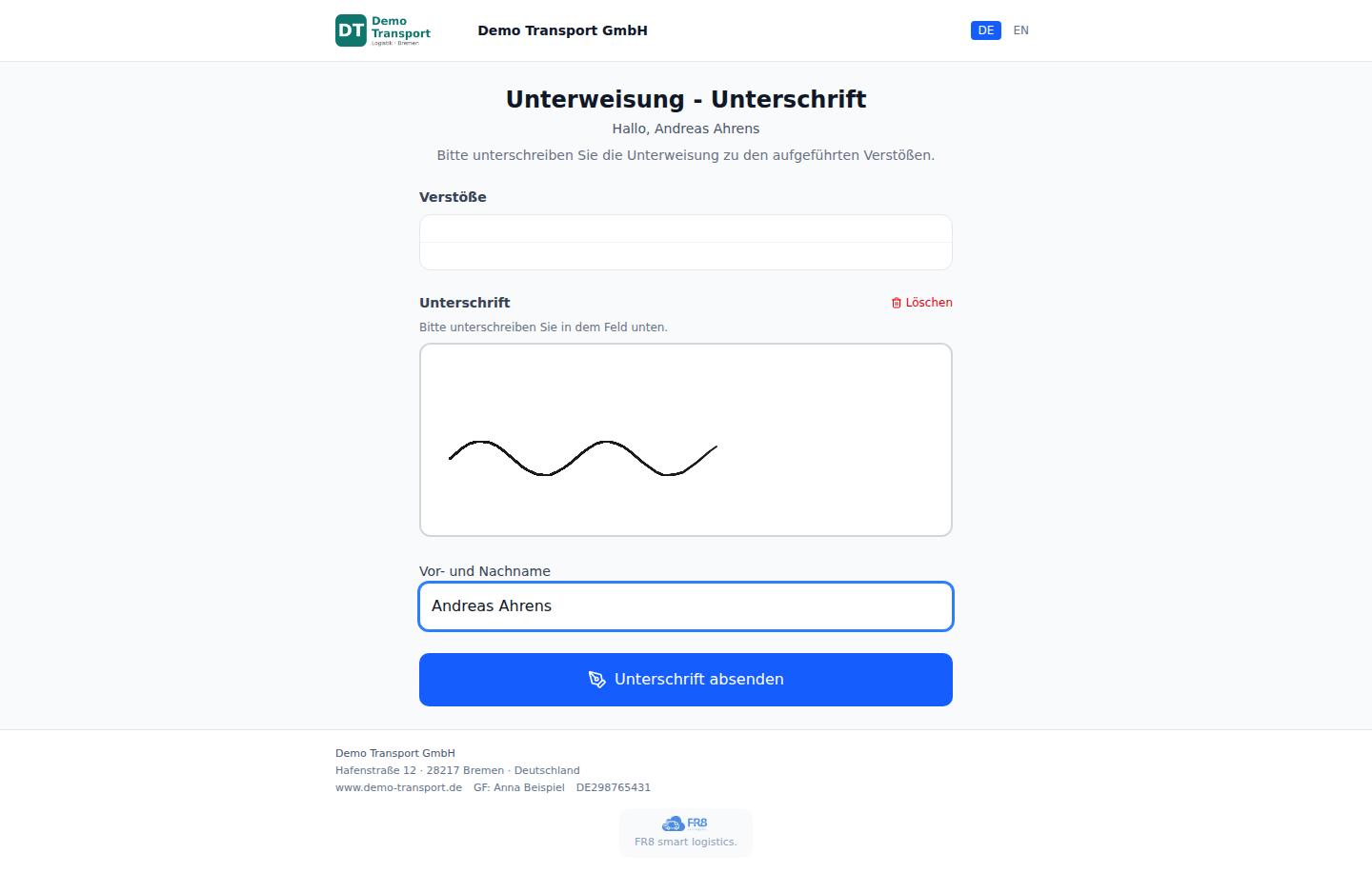 Unterschriftsseite für eine Belehrung