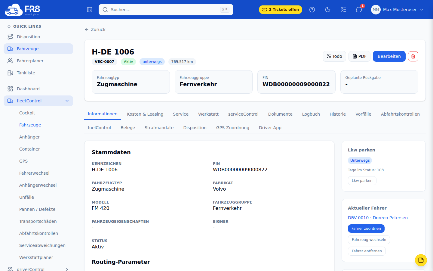 FR8 fleetControl: Fahrzeugakte mit Status, Zuordnungen und Reitern