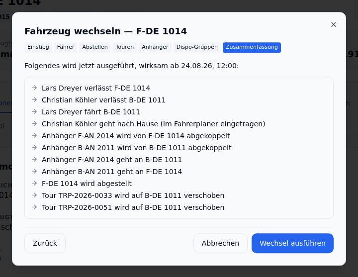 Zusammenfassung im Assistenten „Fahrzeug wechseln“