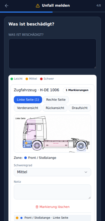 Unfallmeldung mit Schadensskizze in der Fahrer-App