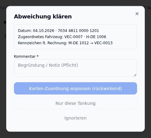 Prüfdialog für eine Kennzeichen-Abweichung auf der Tankrechnung