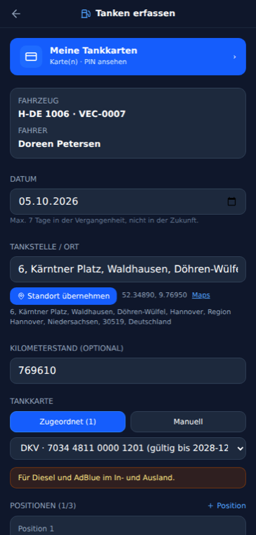 Tankung in der Fahrer-App erfassen