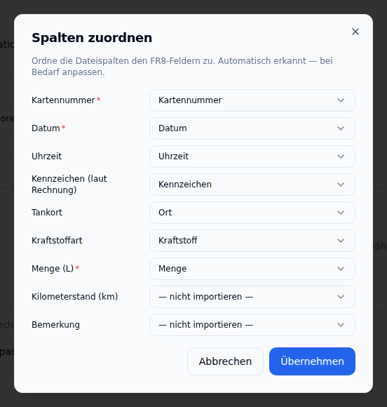 Spaltenzuordnung beim Tankrechnungs-Import
