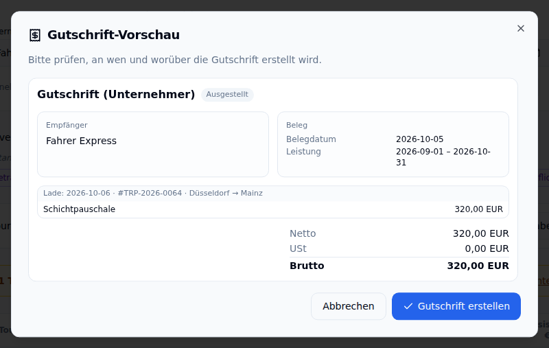Vorschau einer Unternehmer-Gutschrift