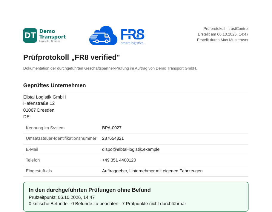 Prüfprotokoll eines Geschäftspartners mit Prüfumfang