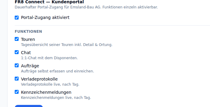 Freigeschaltete Funktionen des Kundenportals FR8 Connect