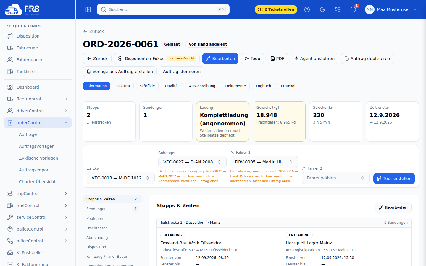 Auftrag in der Ansicht Disposition zuerst