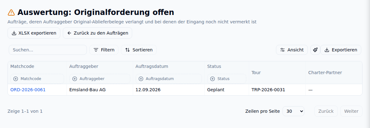 Auswertung offener Original-Ablieferbelege