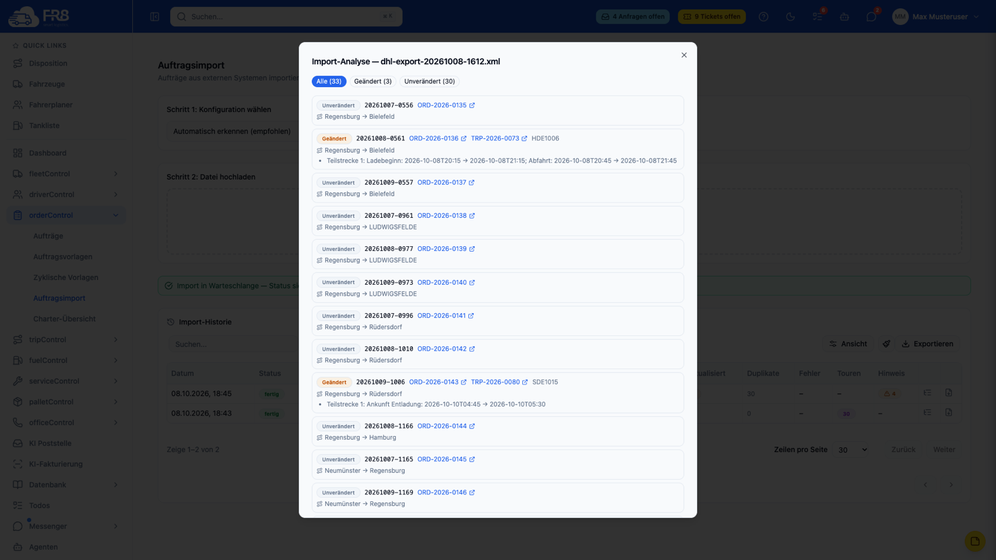Import-Analyse mit Route je Zeile